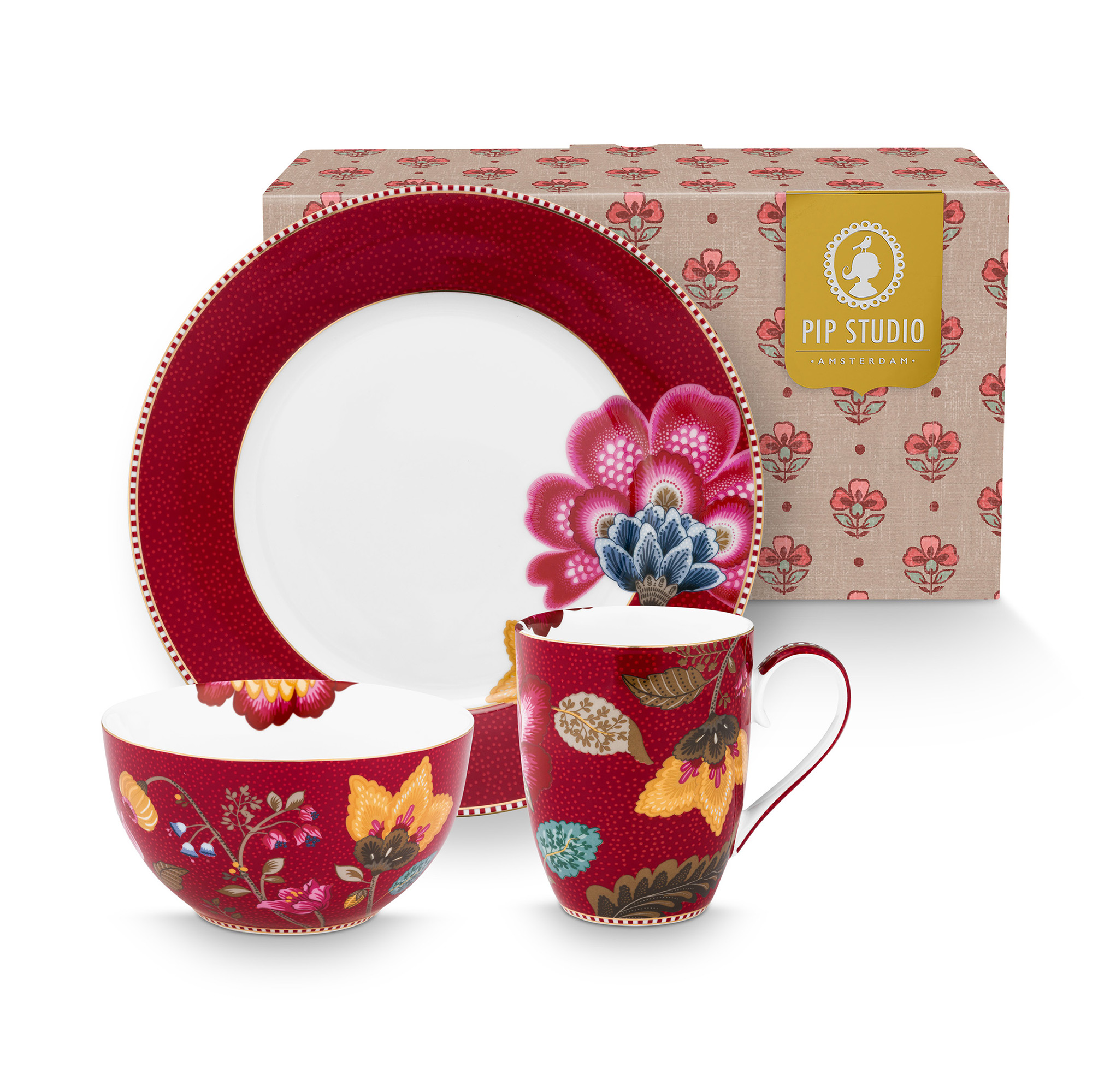 Pip Studio 3er Frühstücksset Blooming Tales | Dark Red