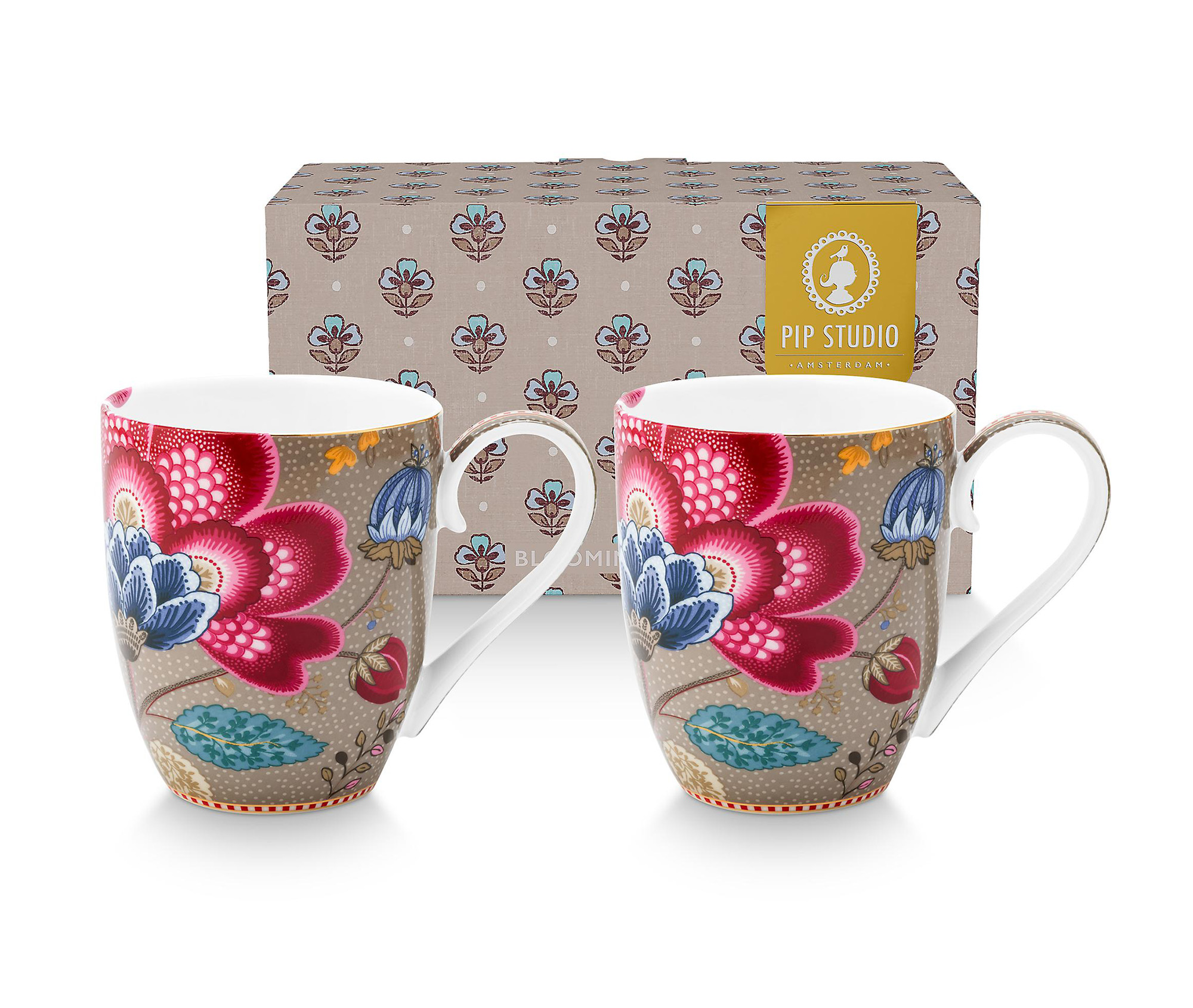 Pip Studio 4er Set Tassen XL Blooming Tales | Khaki