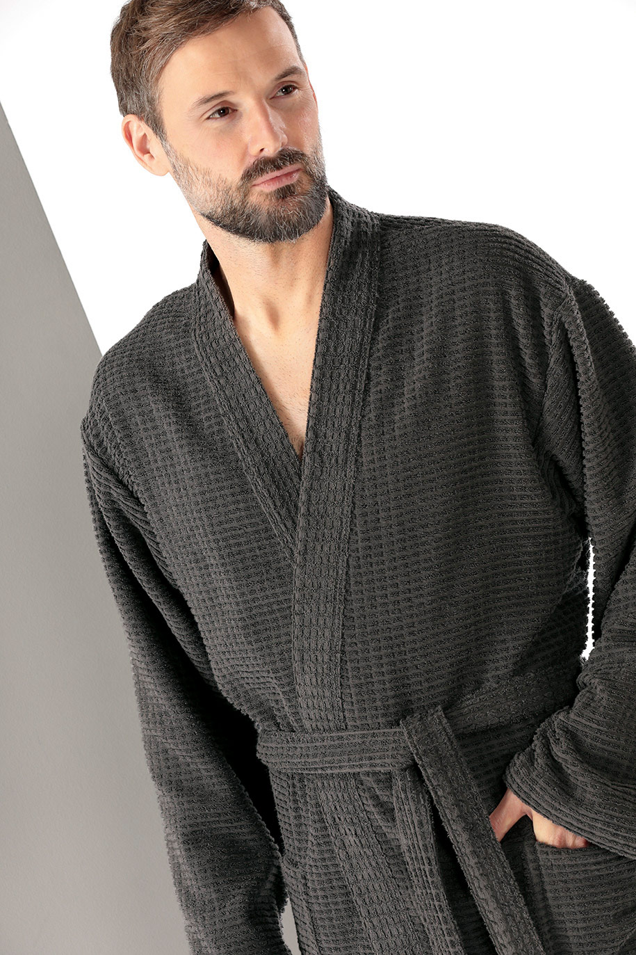 Cawö Herren Kimono-Bademantel 6526 | 740 basalt